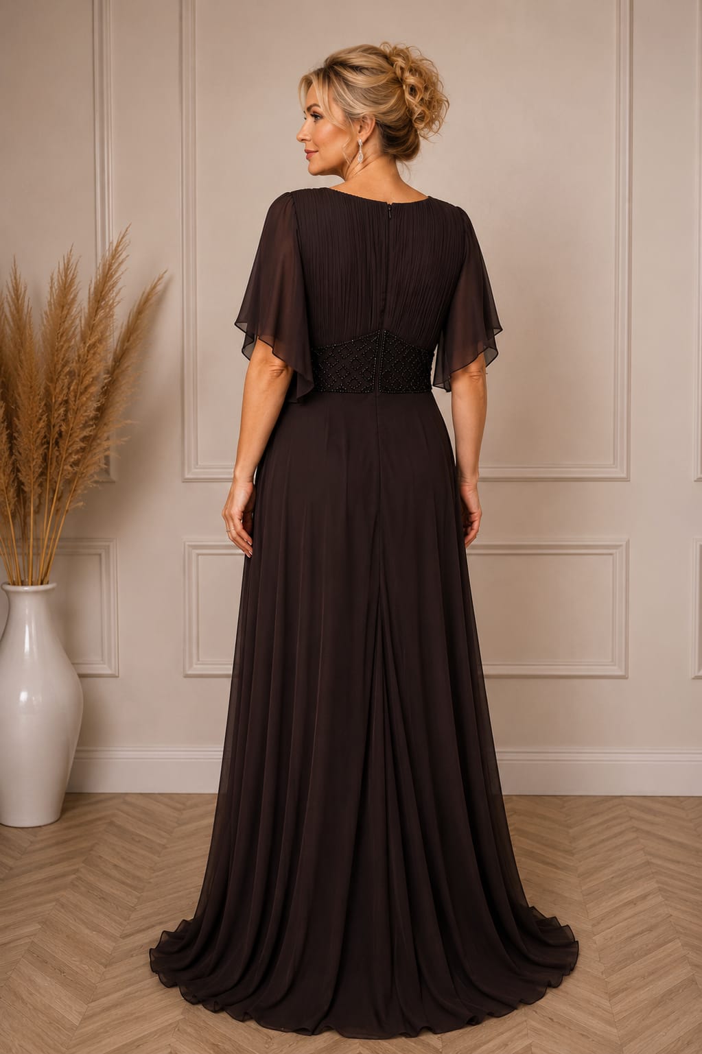Rochia Melona - lunga din voal fluid cu maneci asimetrice elegante