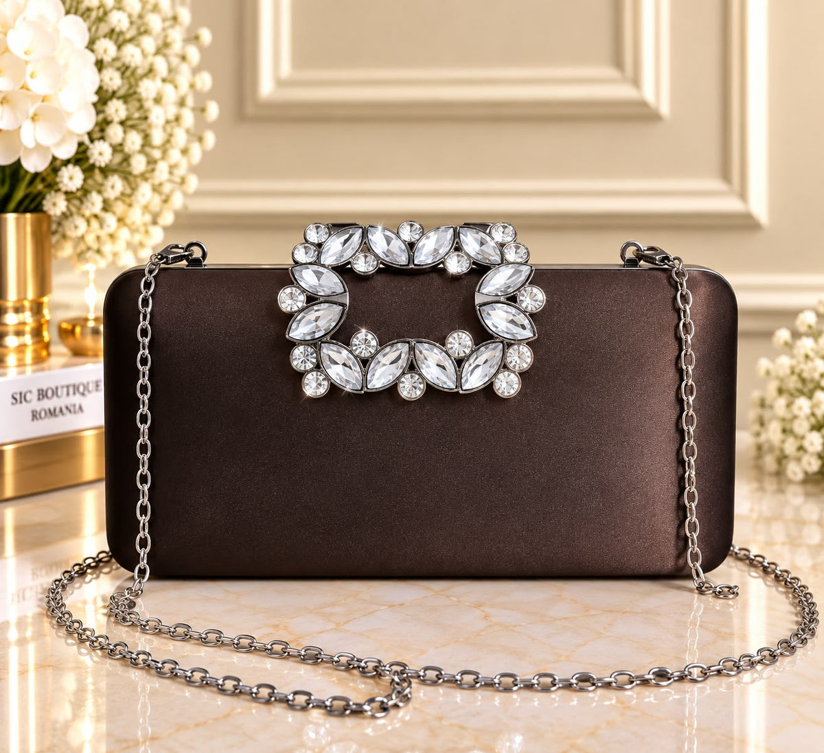 Geanta Clutch dama aspect satinat cod 1113 cu Cristale – Plic de Ocazie