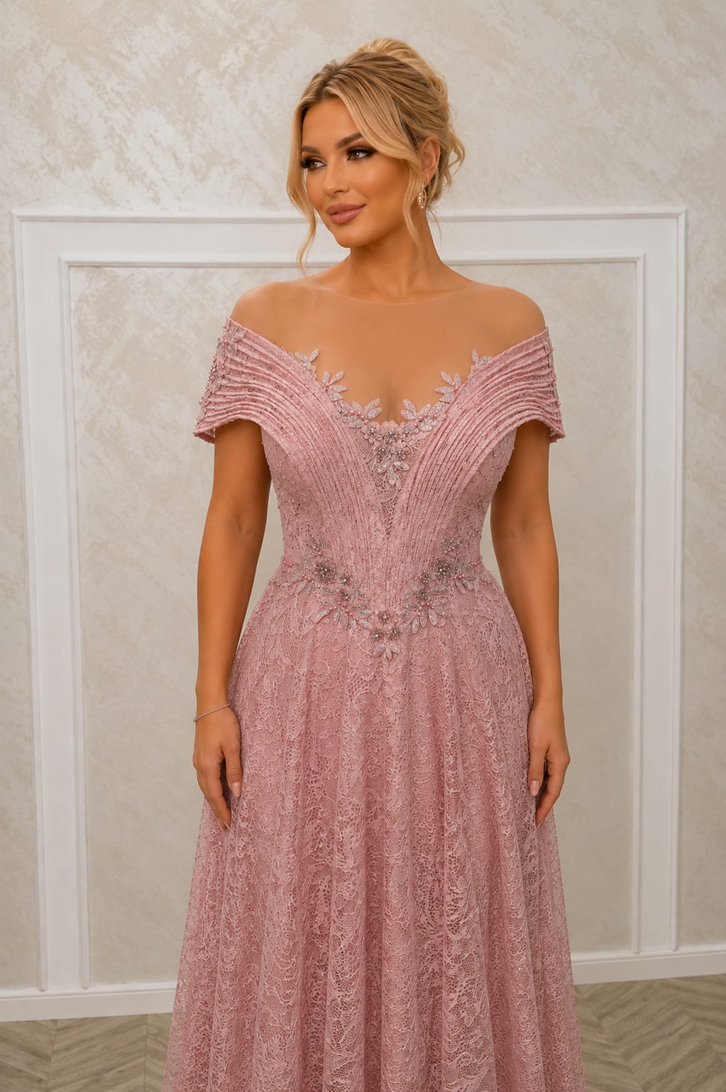 Rochia Dantele - Rochie de ocazie roz pudra / negru – eleganta atemporala din dantela cu Bretele Off Shoulder
