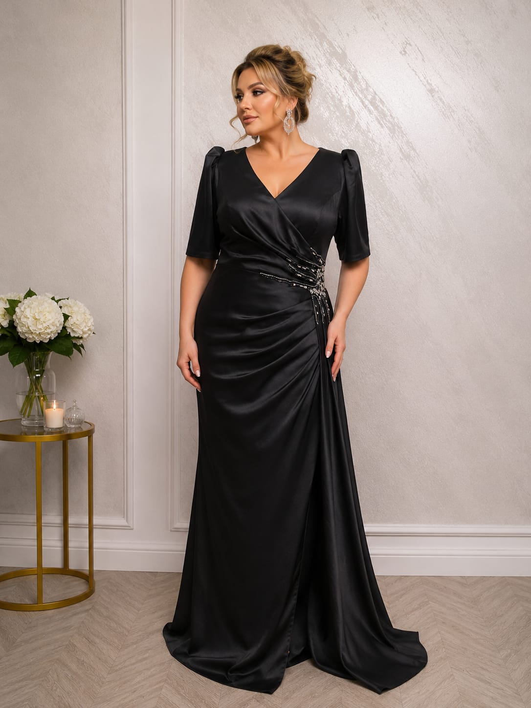 Rochia Tatiana – rochie lunga din satin premium cu maneci 3/4 ,drapaje care avantajează silueta in nuante de verde smarald si capuccino