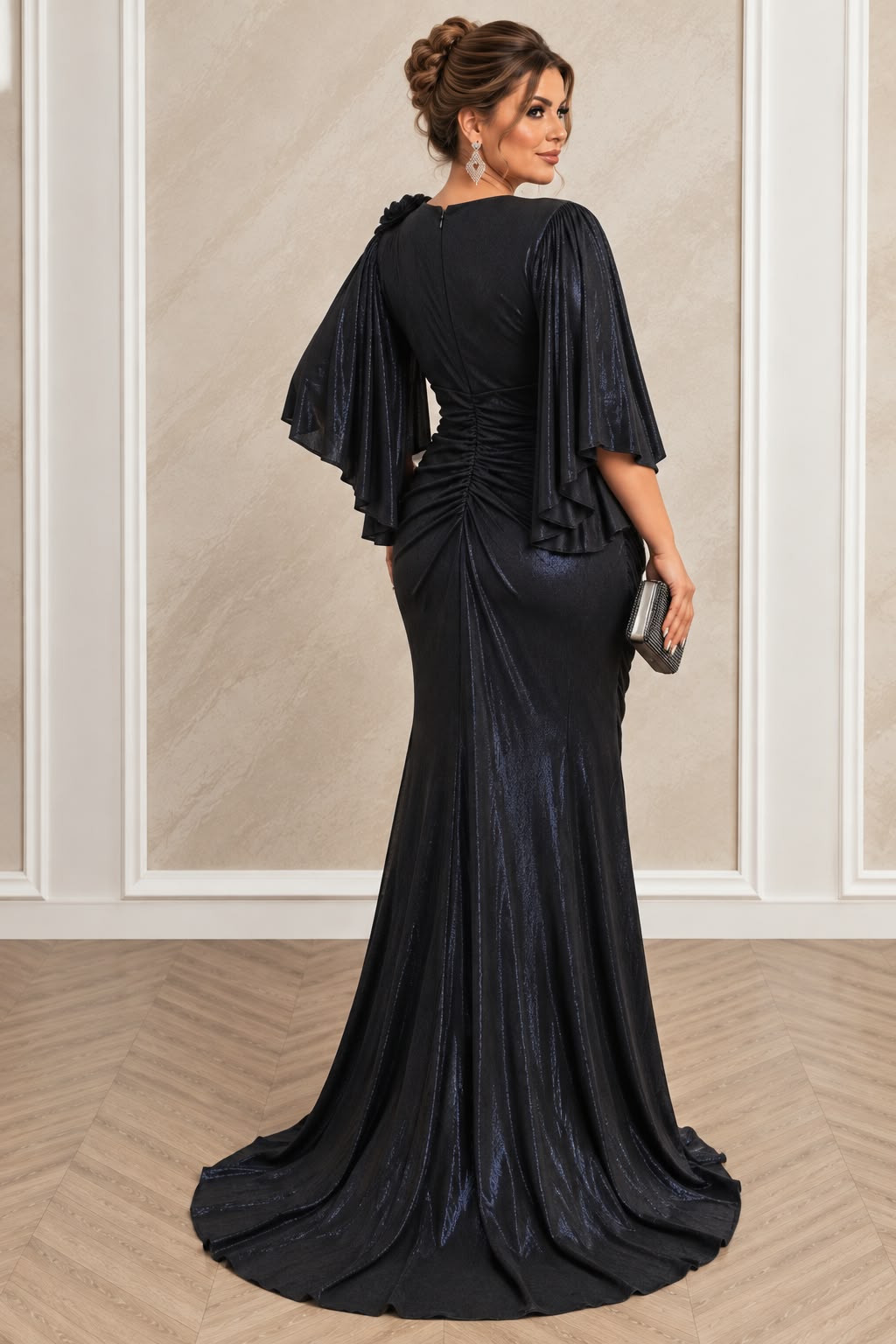 Rochie Napoli - Rochie lunga de seara plus size cu drapaje  Bleumarin Metalizat