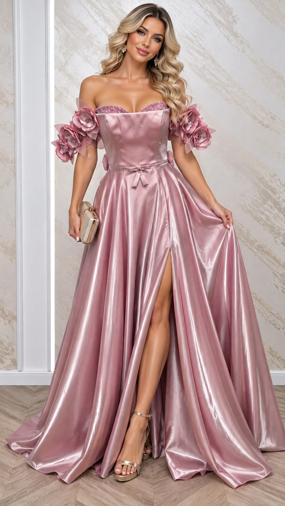 Rochie Floria lunga din satin cu corset si flori 3D