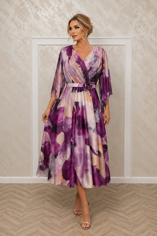 Rochie Diana – Rochie midi eleganta feminina din voal floral si satin pentru evenimente speciale