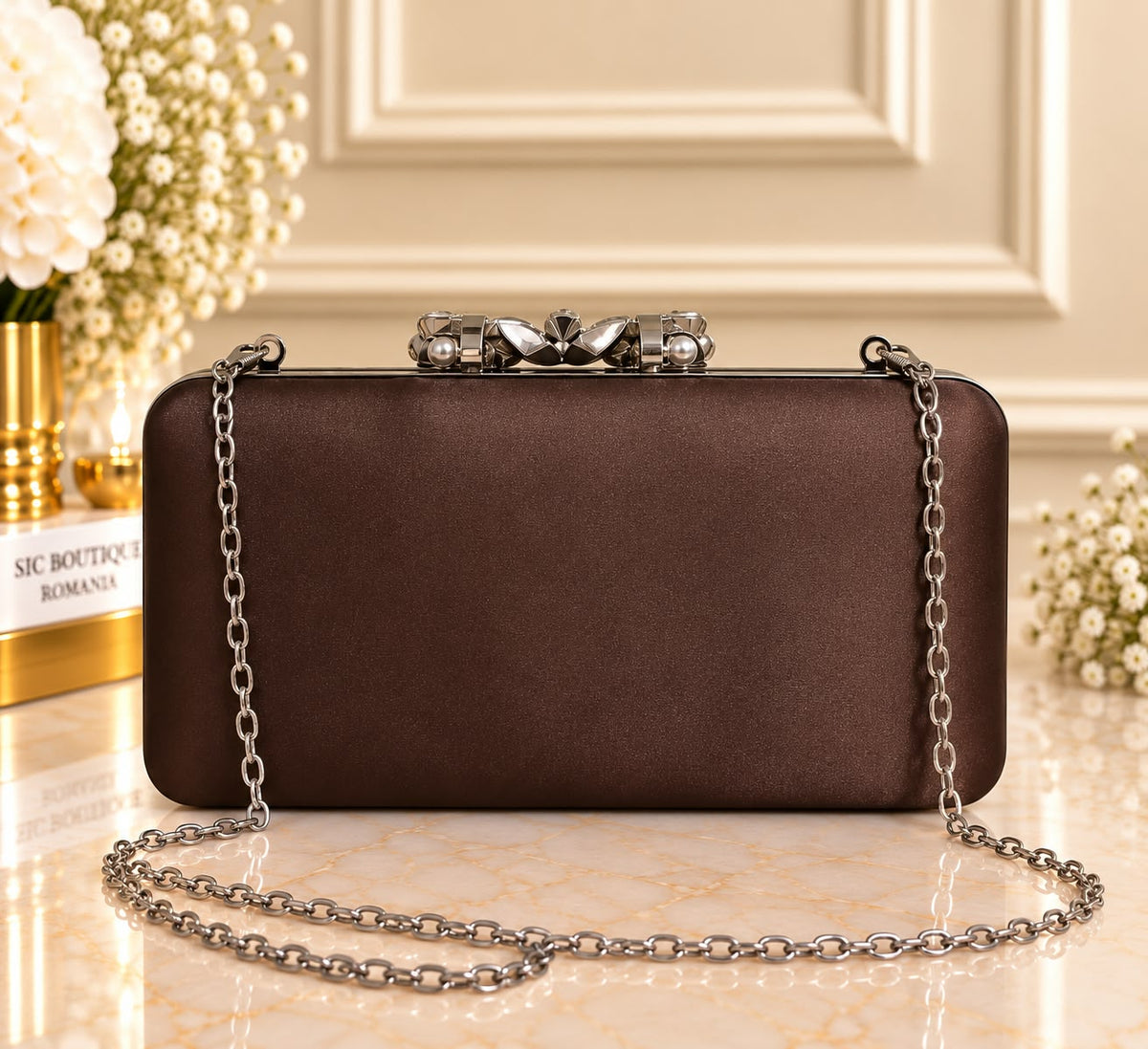 Geanta Clutch dama aspect satinat cod 1113 cu Cristale – Plic de Ocazie
