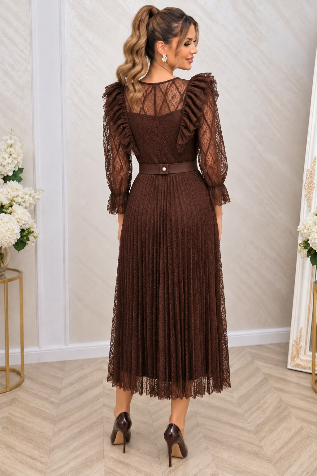 Rochie Dejavu midi din dantela cu maneci si curea eleganta