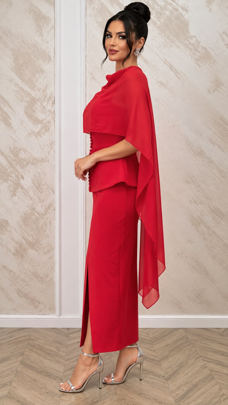 Rochie Motif midi rosie cu capa detasabila