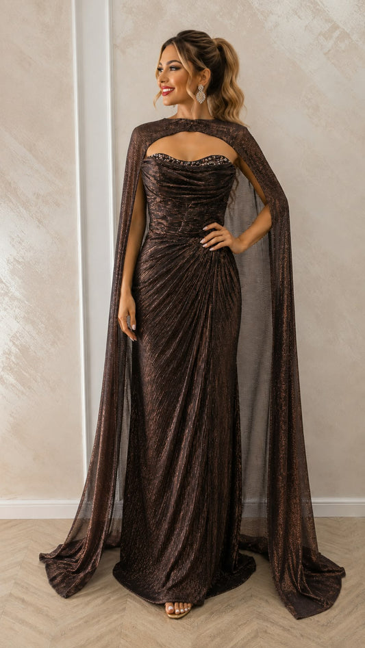 Rochie lunga eleganta Melinda ciocolatie cu capa detasabila