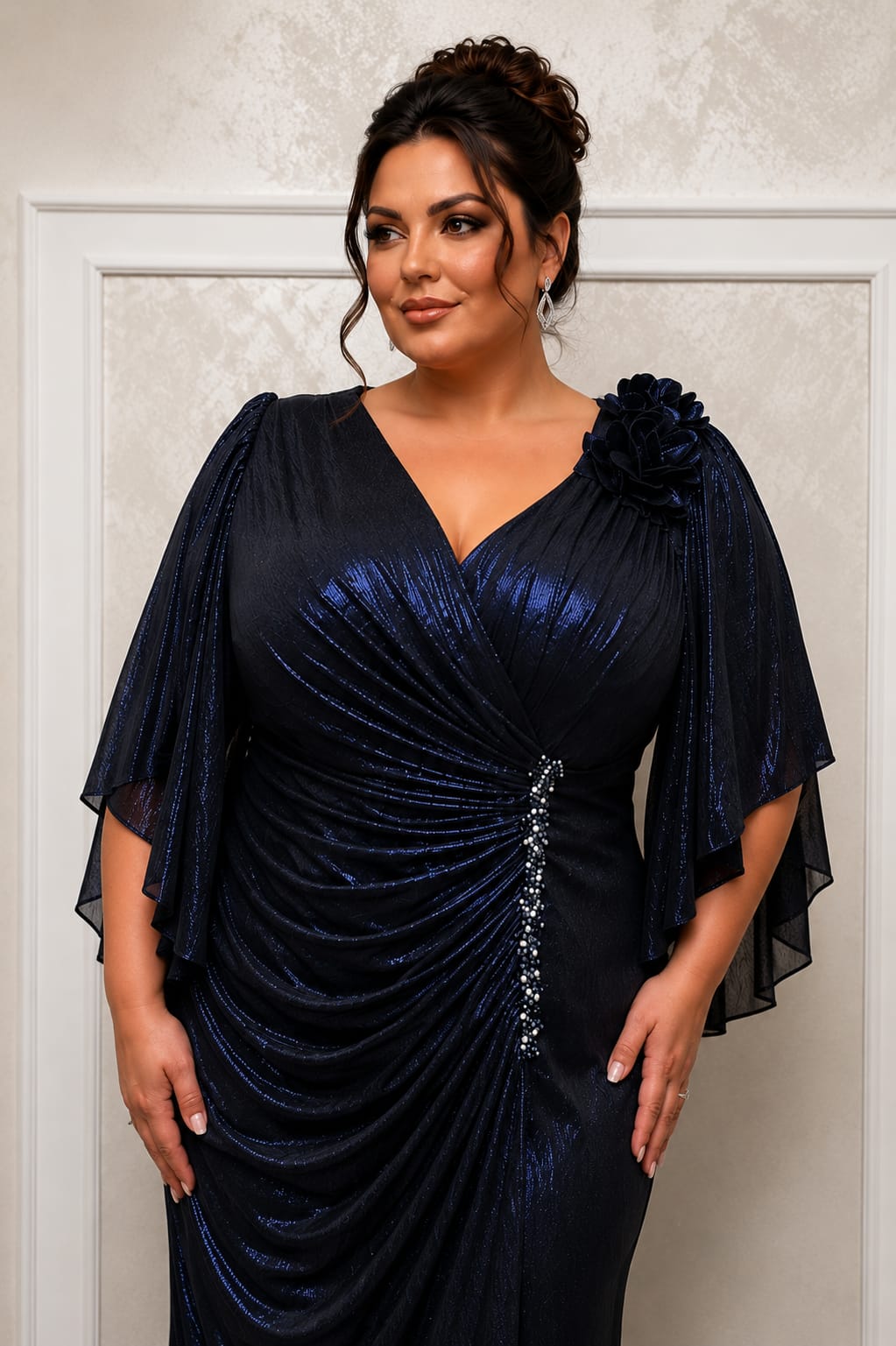 Rochie Marisa – rochie lunga material elastic cu drapaje si maneci, model care avantajaza marimile plus size