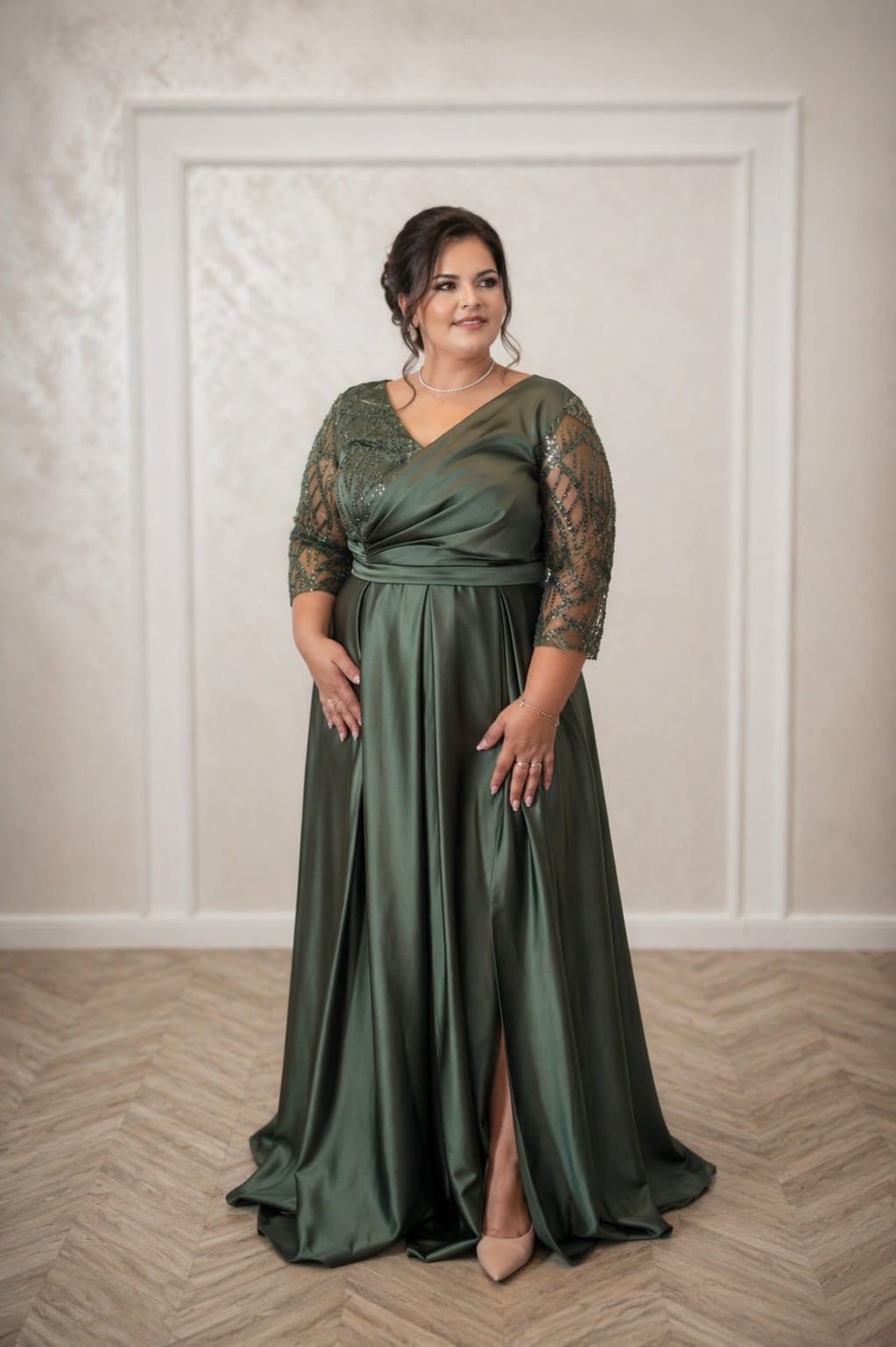 Rochie Oris - Rochie eleganta lunga verde oliv din satin