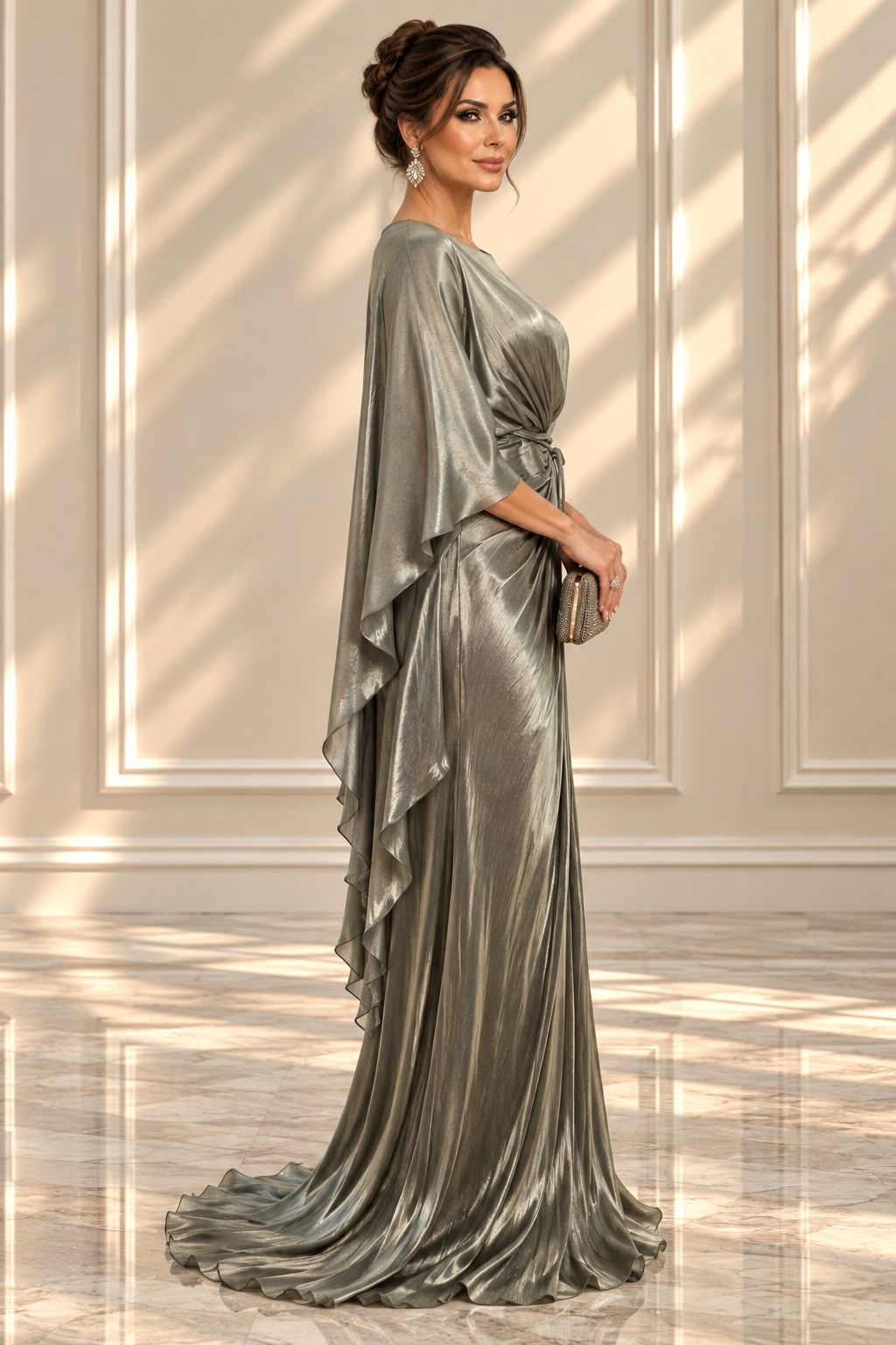 Rochia Luada- Rochie de gala Verde Oliv cu reflexii gold din Matase – Rochie Lunga Eleganta