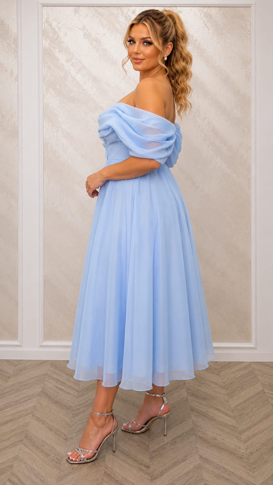 Rochia Baby - rochie nuanta baby blue sau roz pudrat voal corset umeri cazuti