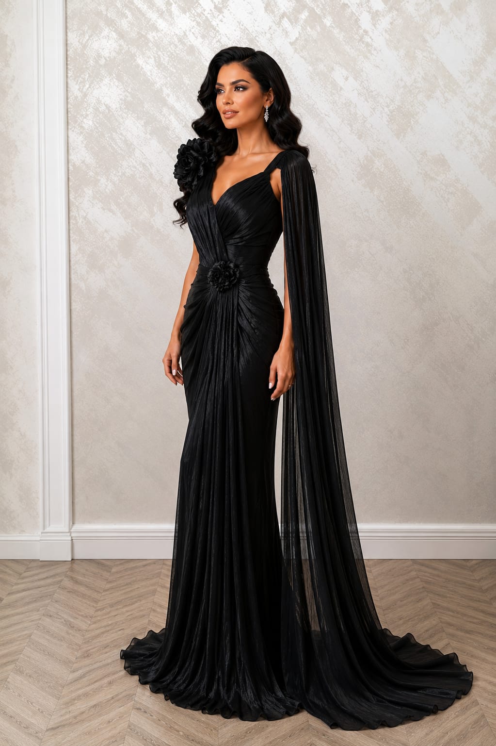 Rochia Black Opera -rochie neagra lunga din matase artificiala cu esarfa supradimensionata