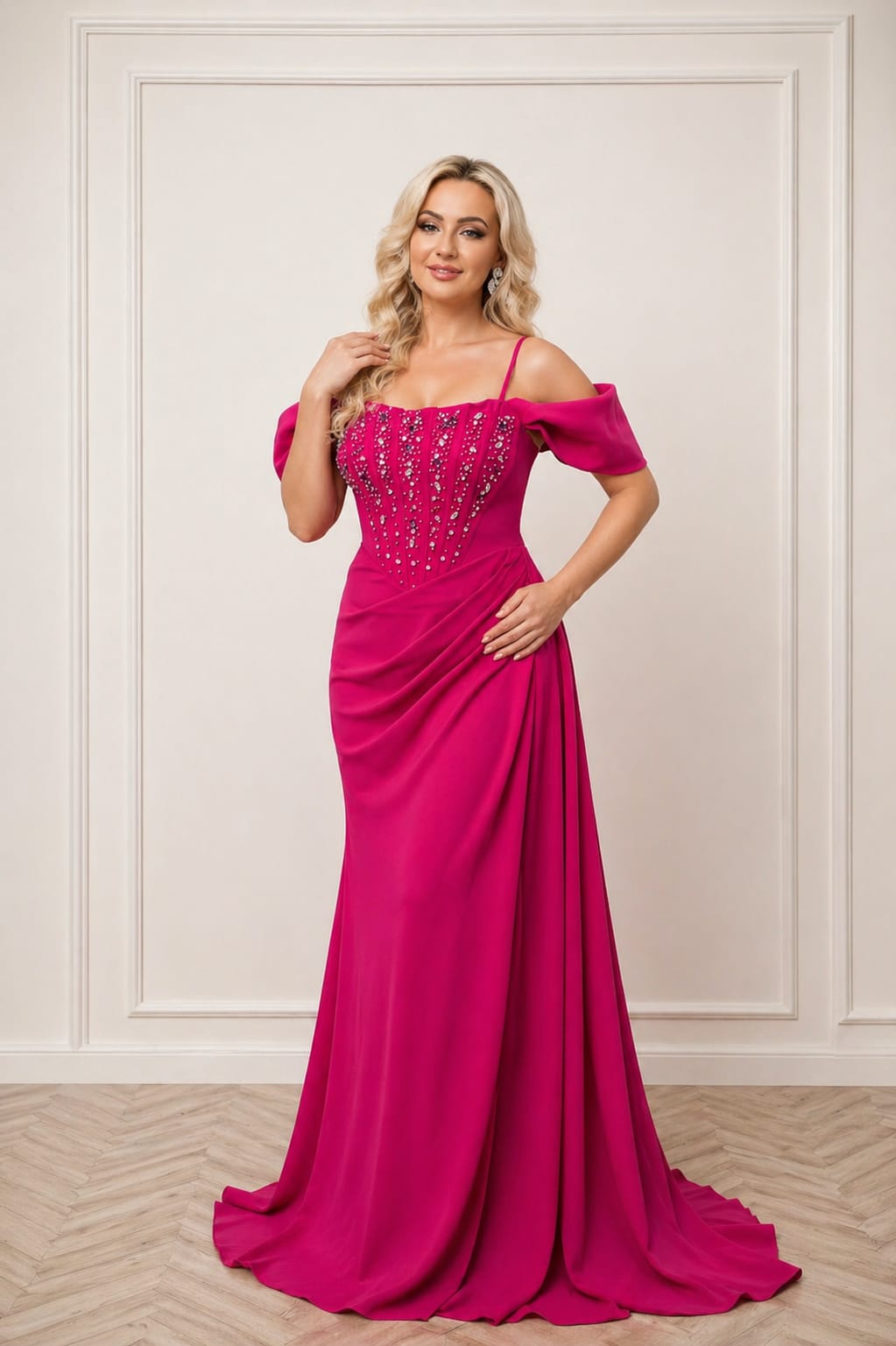 Rochia Hellen – Rochie lunga  sirena fuchsia cu aplicatii din cristale