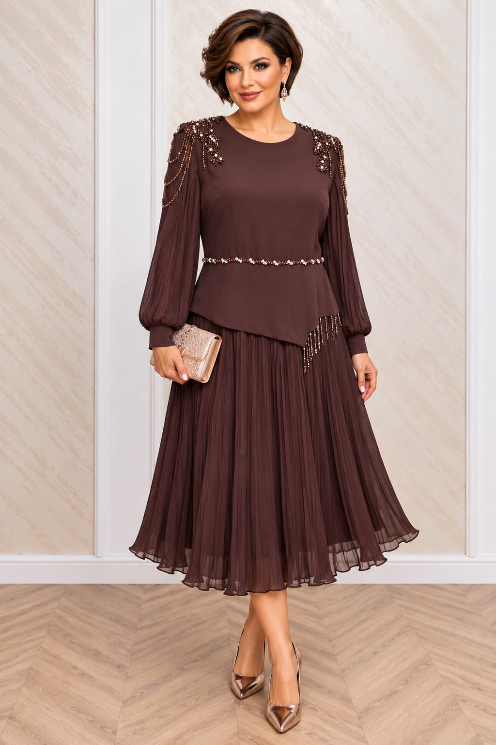 Rochia Omega -Rochie nuanta ciocolatie din stofa si voal plisat cu perle