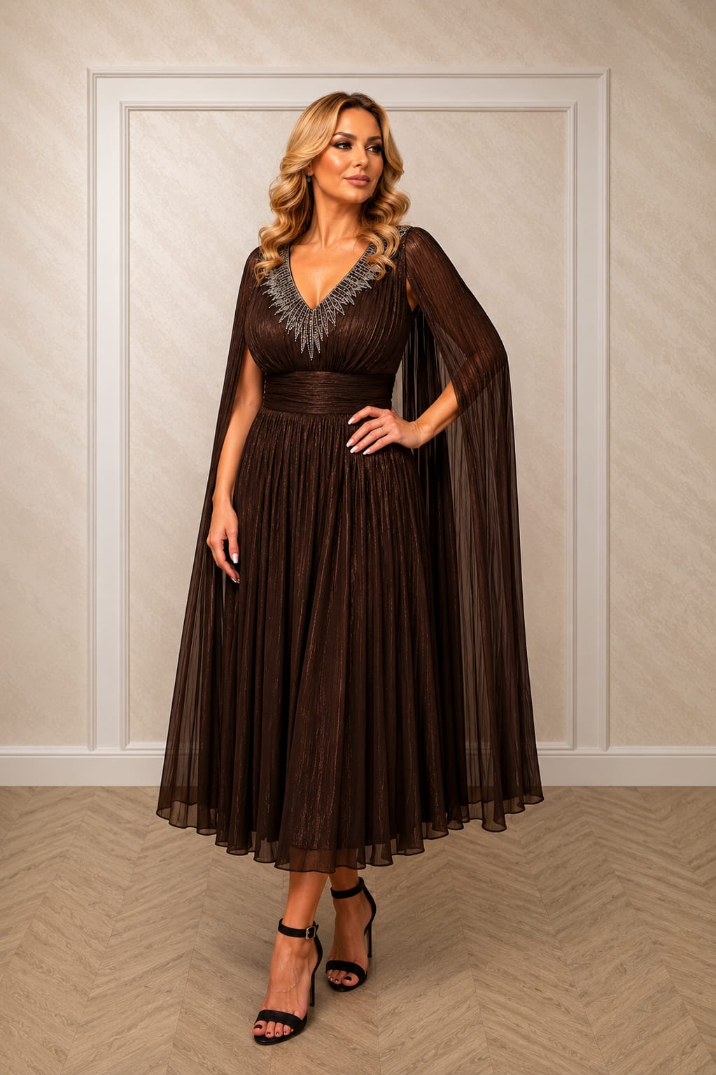 Rochia Piamor – Rochie midi eleganta din matase artificiala fluida cu maneci tip esarfa