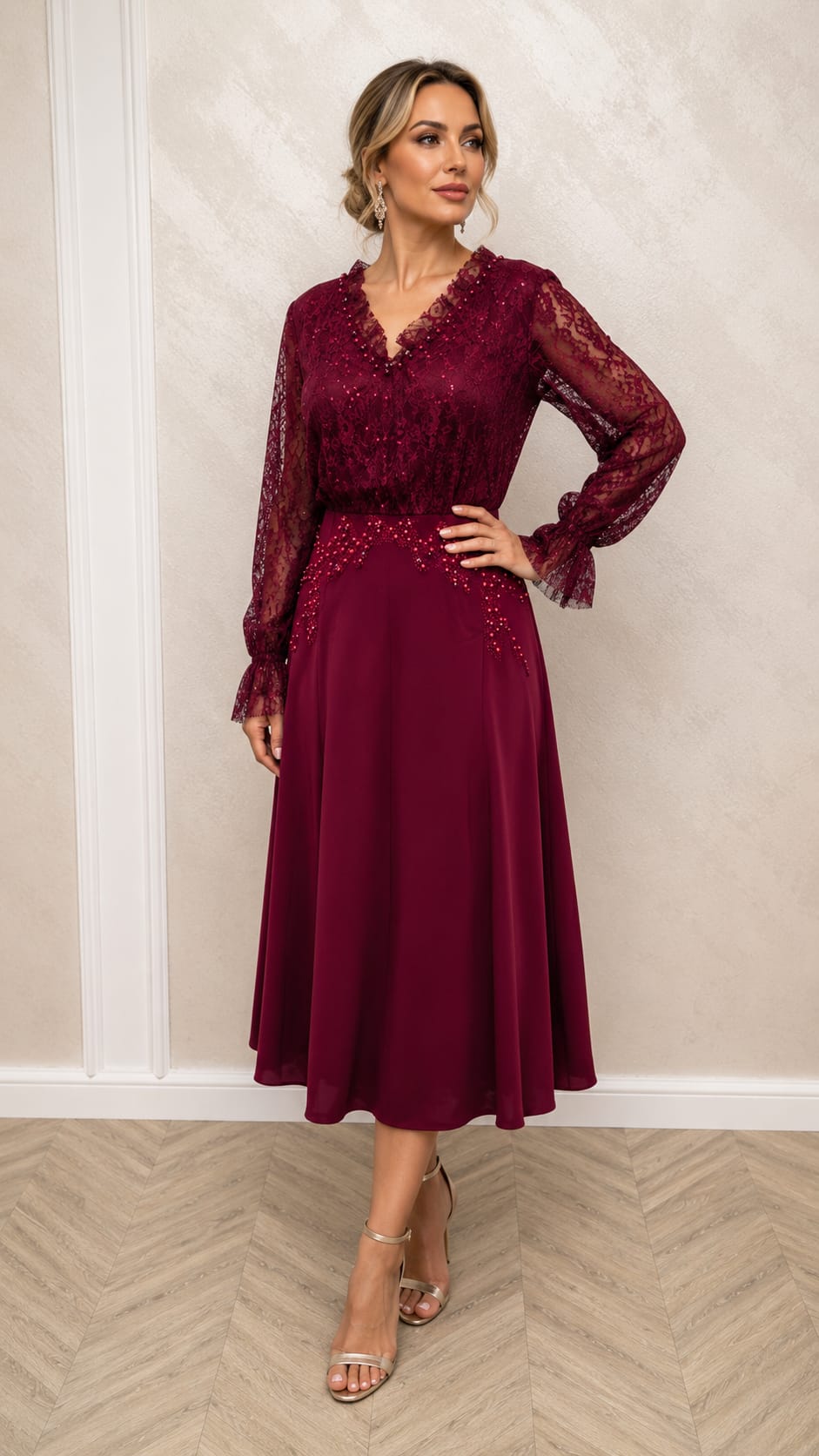 Rochia Vera – rochie midi eleganta cu dantela frantuzeasca Chantilly