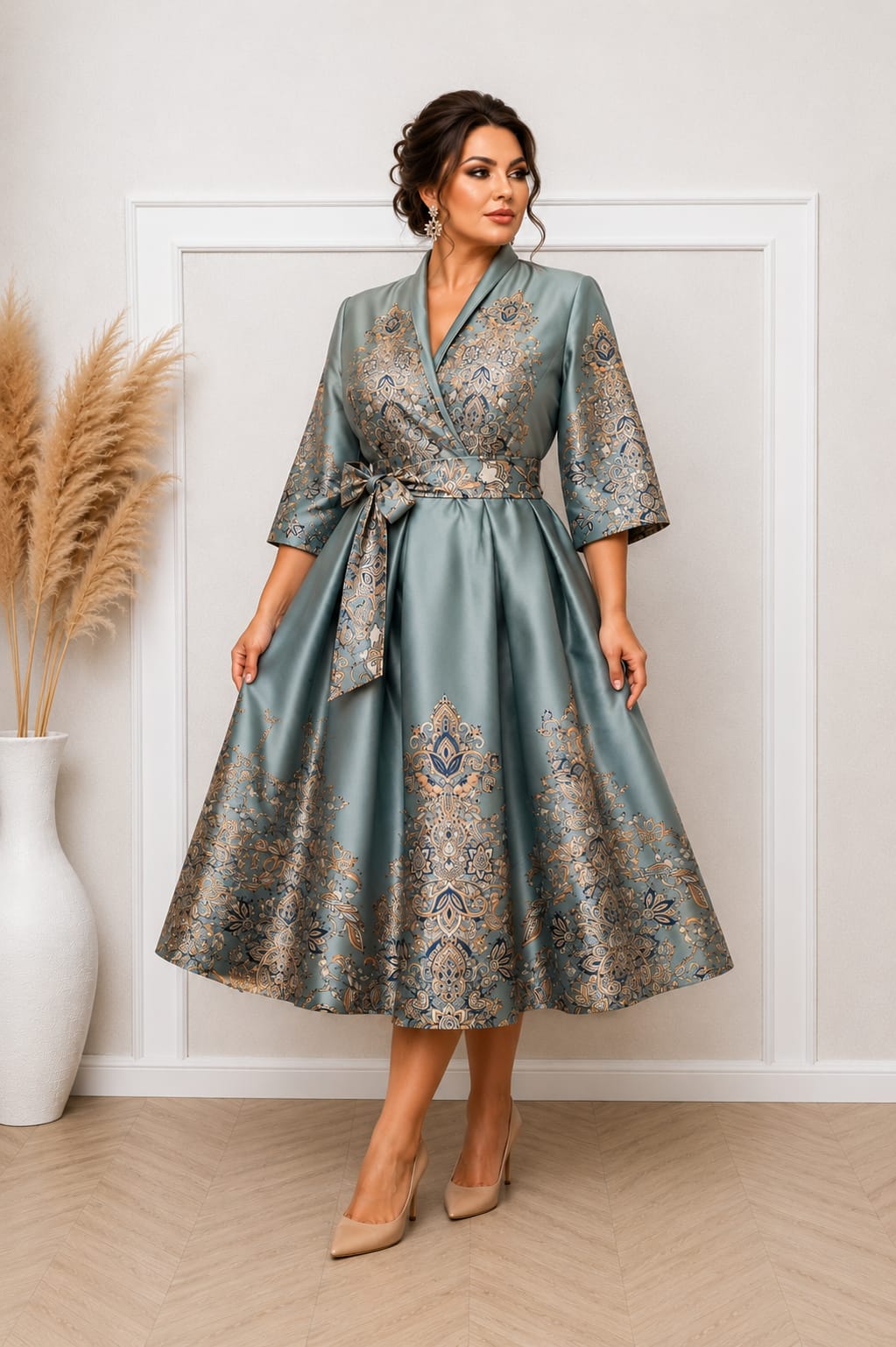 Rochia Kami – Rochie Eleganta satinata cu imprimeuri aurii si design luxury disponibila in 2 culori
