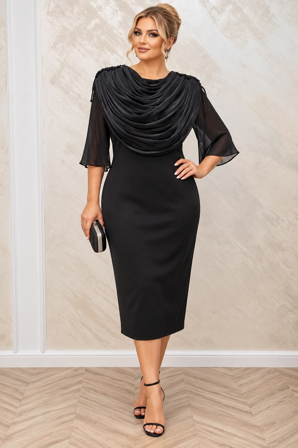 Rochia Sevo midi neagra cu drapaj si maneci din organza