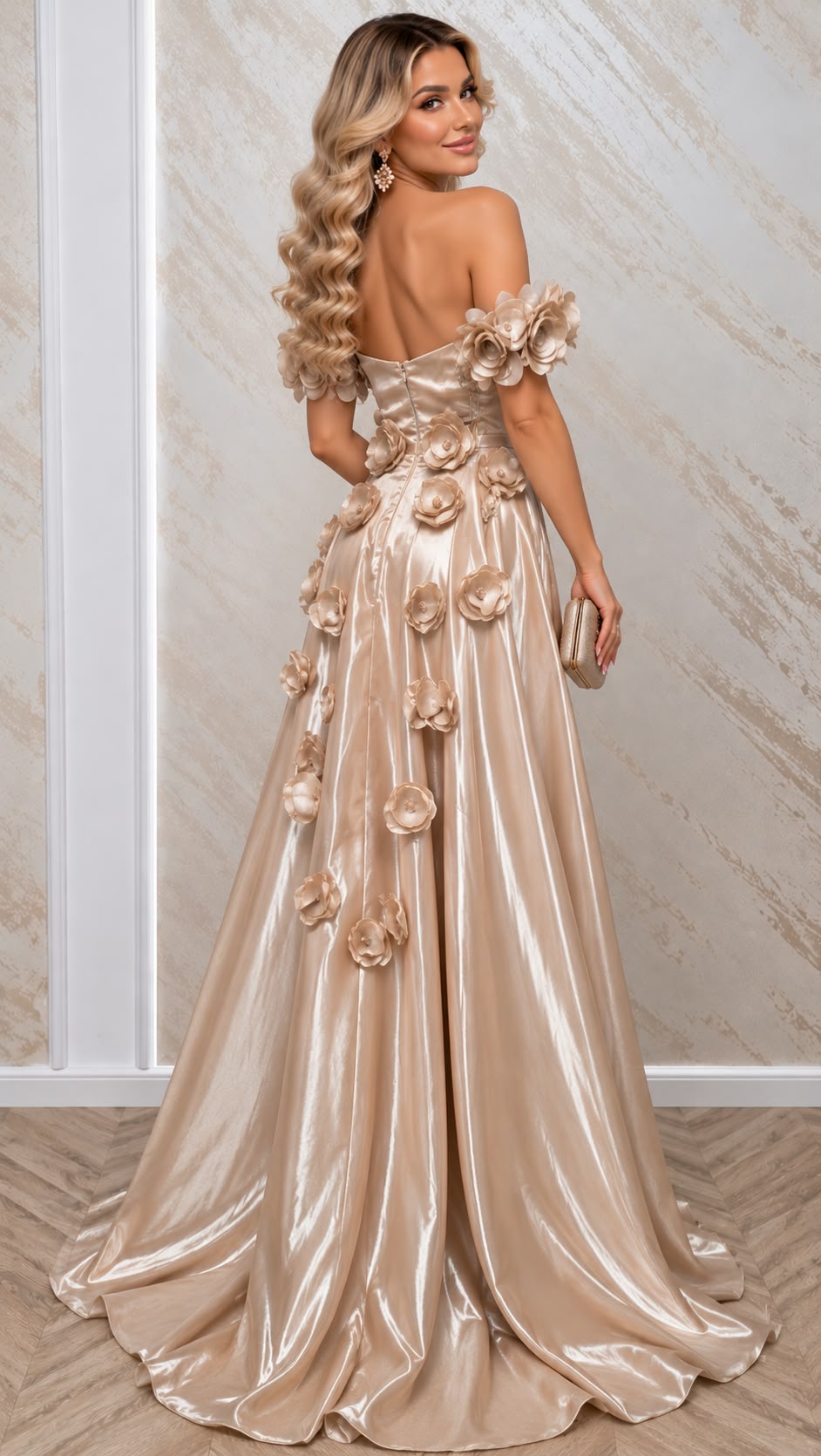 Rochie Floria lunga din satin cu corset si flori 3D