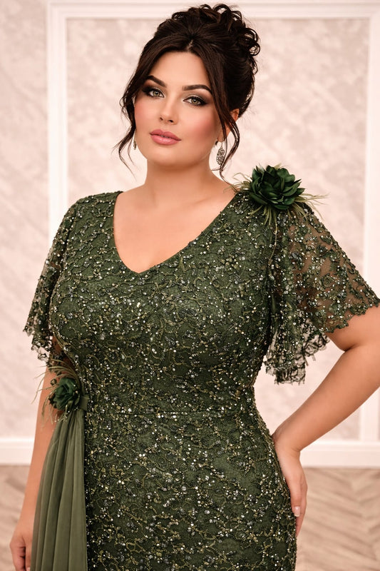 Rochia Cherry – Rochie lungă din dantelă cu perle pentru mărimi plus size si maneci