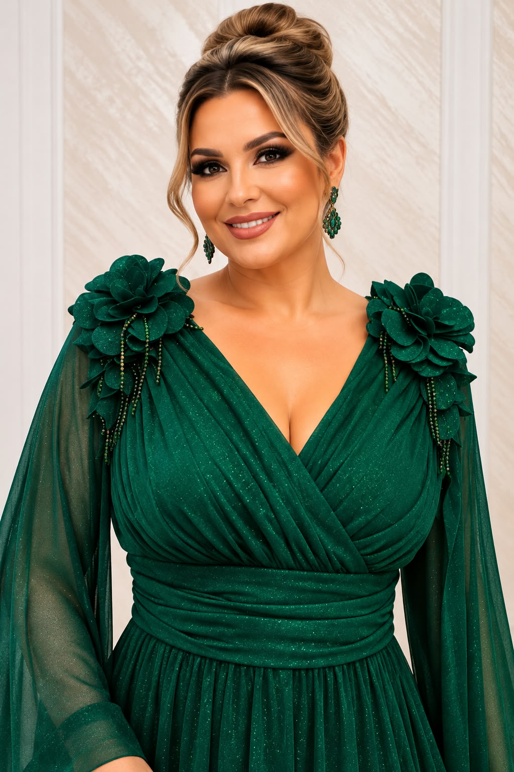 Rochia Amore -Rochie lunga de ocazie din voal cu maneci vaporoase si efect de flatare a siluetei