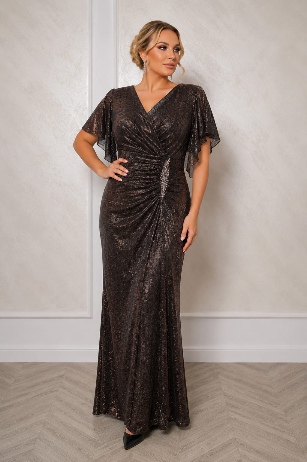 Rochie Adria – Rochie lunga eleganta cu efect metalizat, pentru siluete plus size
