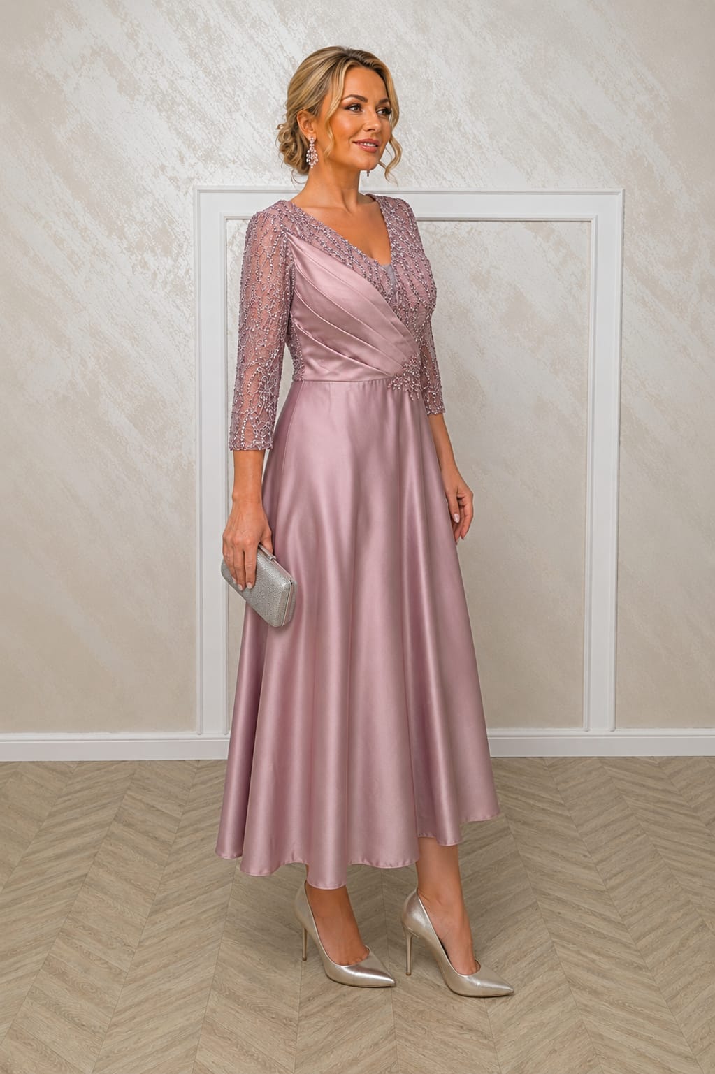Rochia Lucia Midi - Rochie lungime midi cu maneci din dantela, roz pal, auriu sau capuccino