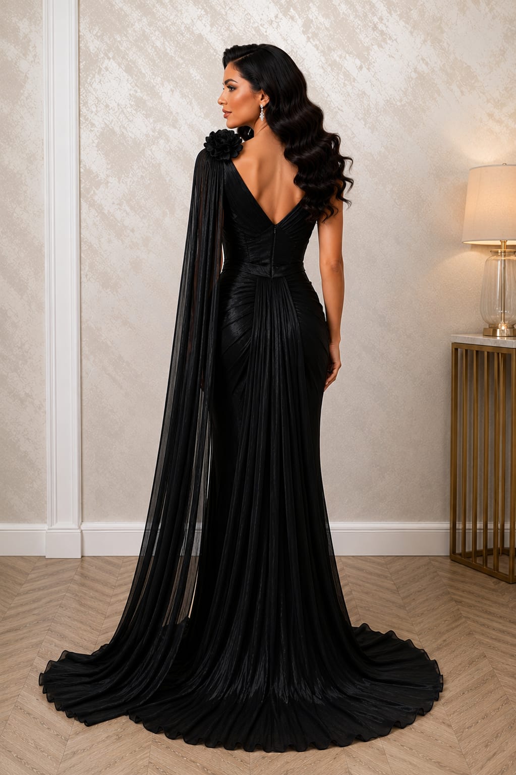 Rochia Black Opera -rochie neagra lunga din matase artificiala cu esarfa supradimensionata