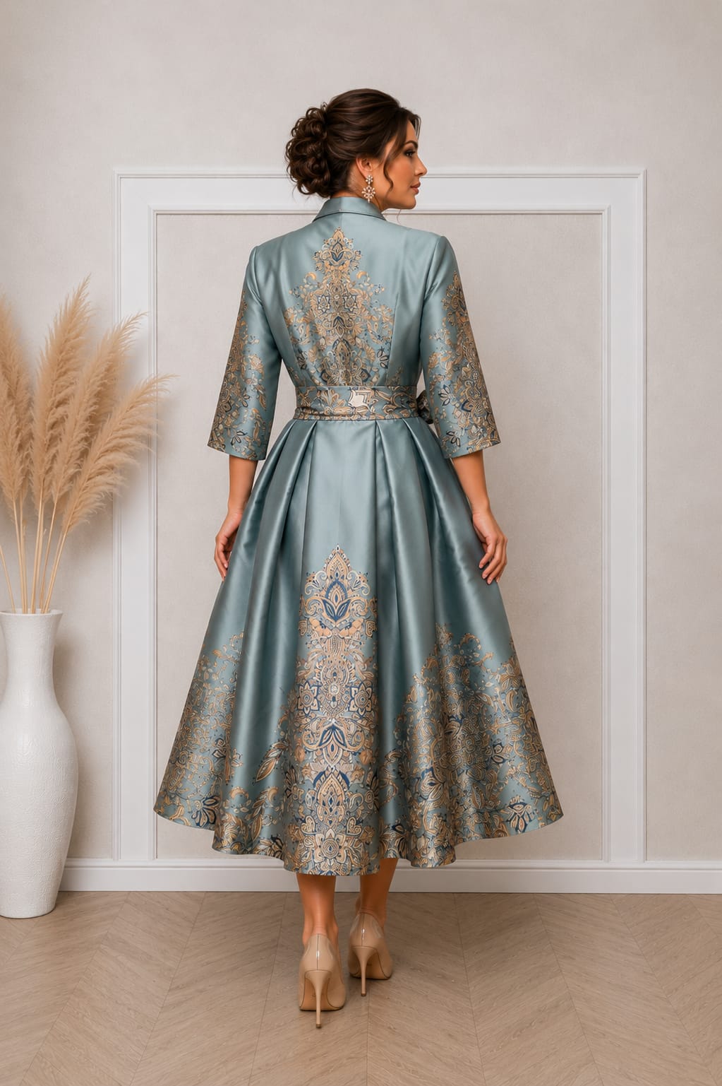 Rochia Kami – Rochie Eleganta satinata cu imprimeuri aurii si design luxury disponibila in 2 culori