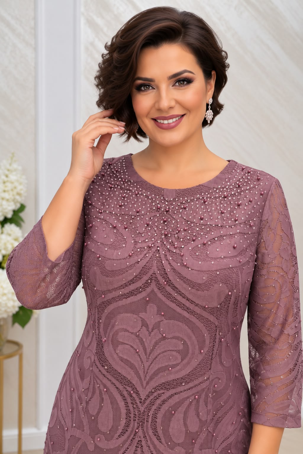 Rochie Marika midi din dantela cu maneci – bleumarin, negru si purpuriu
