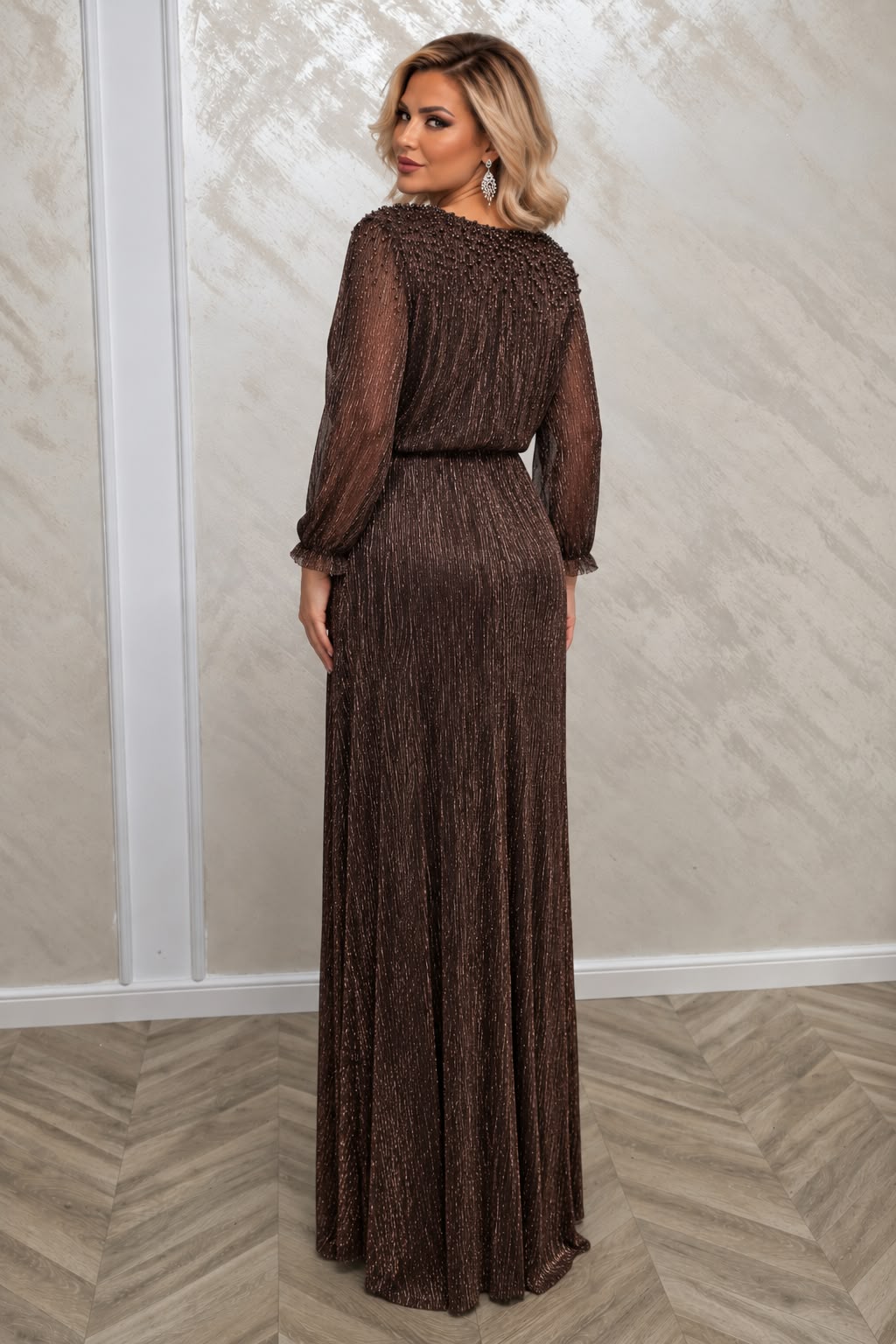 Rochie Oslo - Rochie lunga din voal peliculizat metalizat in nuante negru si ciocolatiu