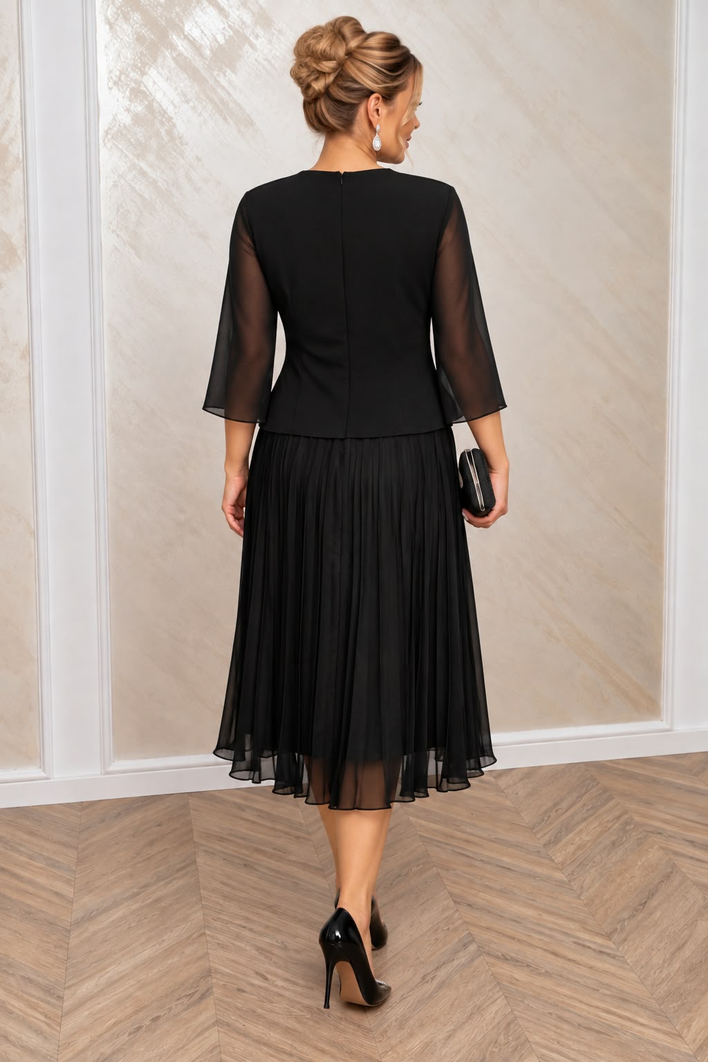 Rochie eleganta midi Vals din voal plisat cu maneci fluide