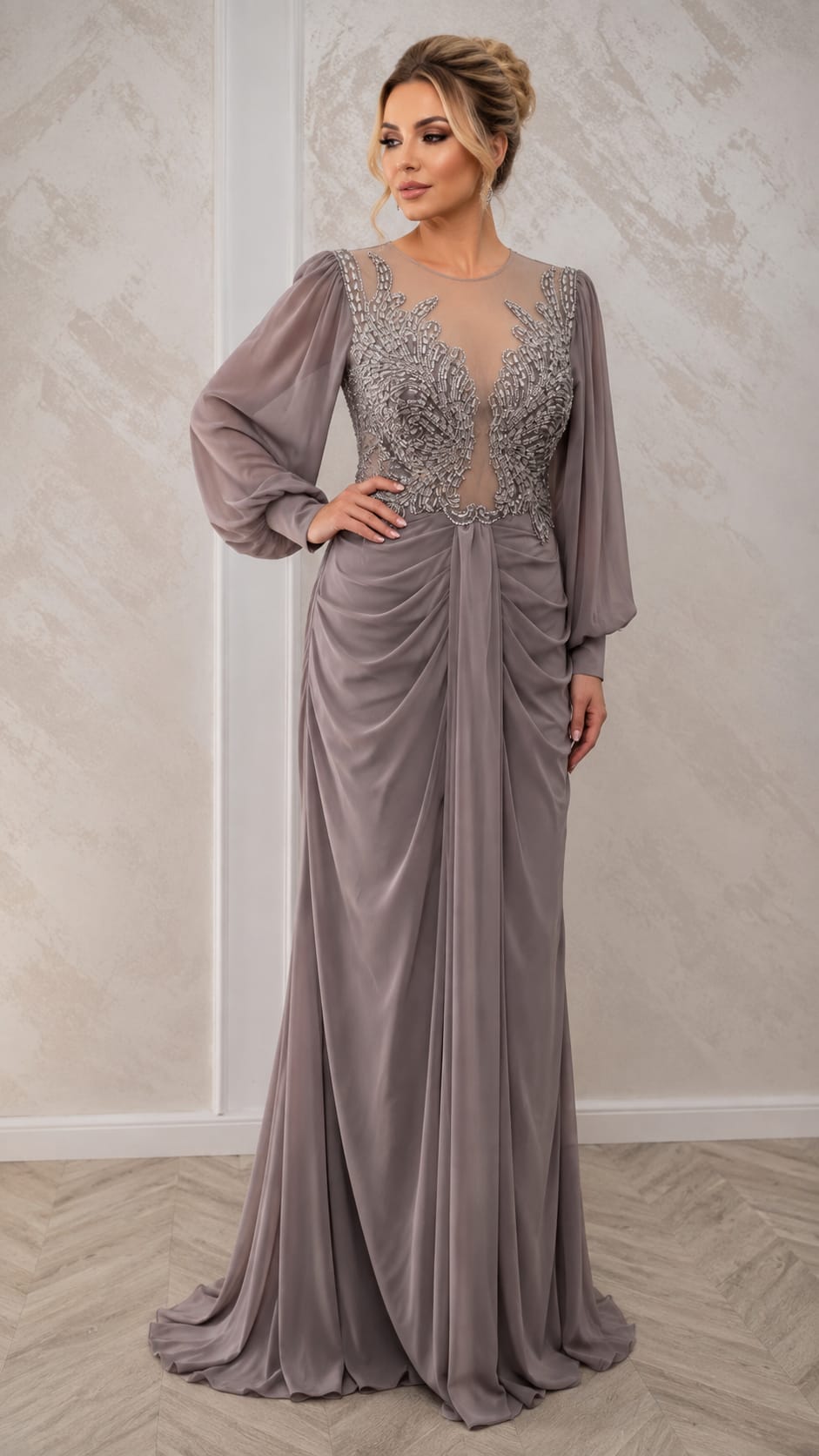 Rochia Paula – Rochie lunga drapata cu cristale si mineci boho