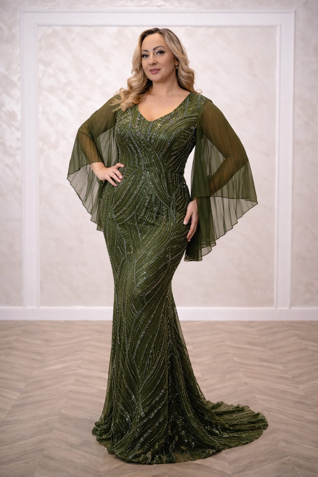 Rochia Salix – Rochie eleganta de seara din material perlat, cu maneci din voal