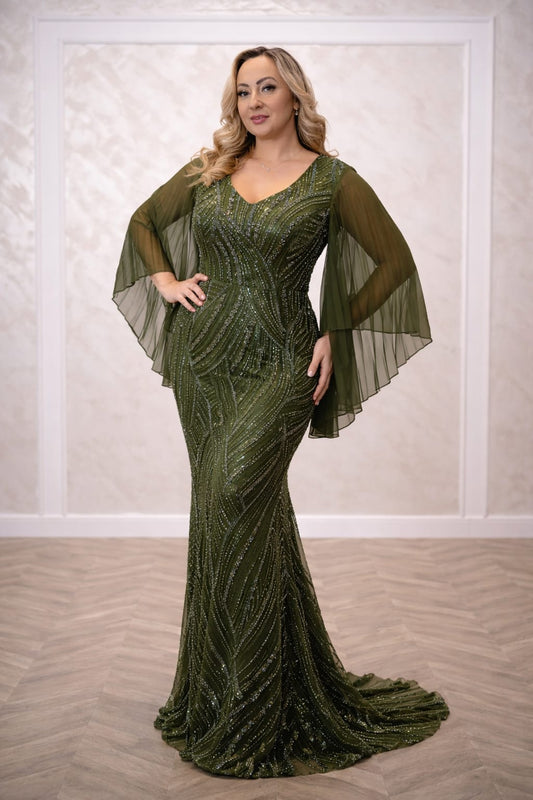 Rochia Salix – Rochie eleganta de seara din material perlat, cu maneci din voal