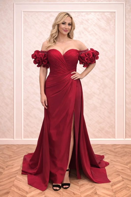 Rochia Serenity – Rochie lunga magenta cu trena si umeri goi