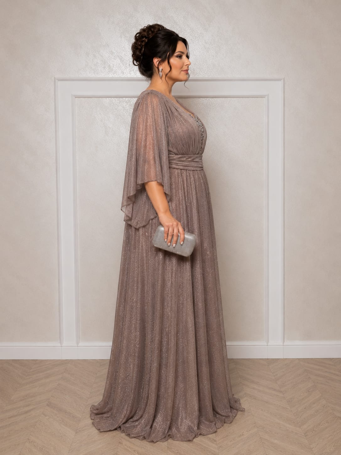 Rochie Bella Nou -Din voal sclipitor cu maneci fluide croi care subtiaza silueta nuante diferite