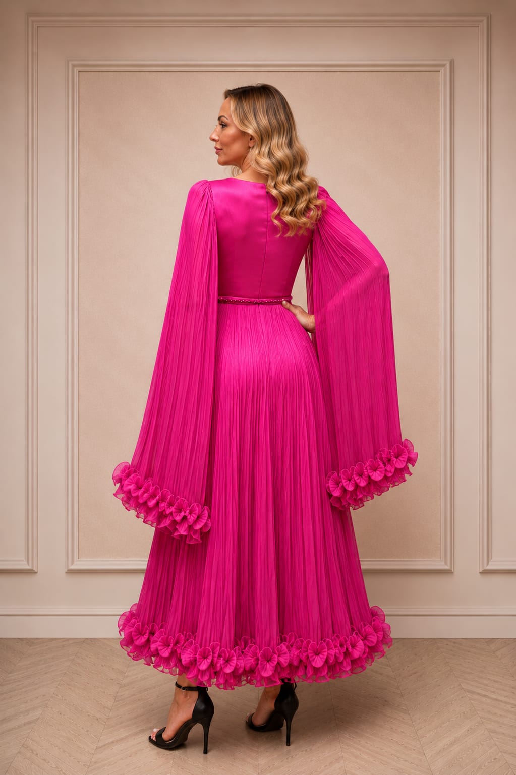 Rochia Selecta - Rochie eleganta in nuante de Fuxia , Turcoaz sau Ciocolatiu din matase artificiala cu maneci vaporoase