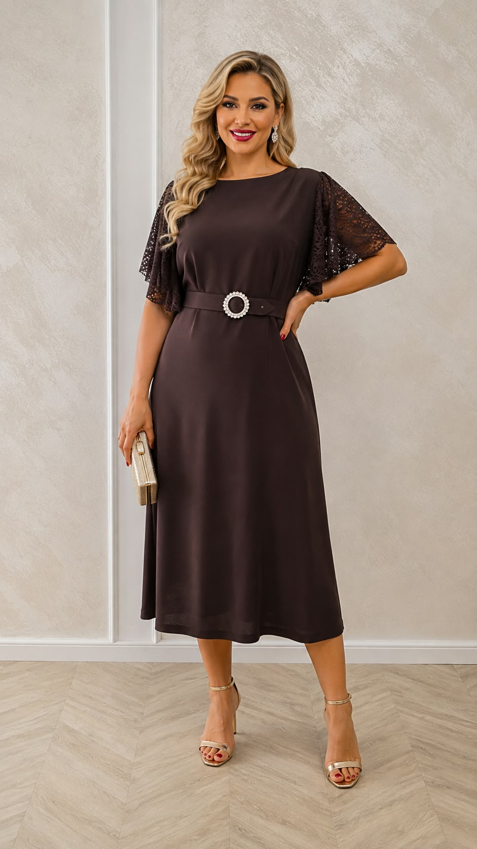 Rochia Marimar – rochie eleganta din stofa cu maneci din dantela disponibila in trei culori