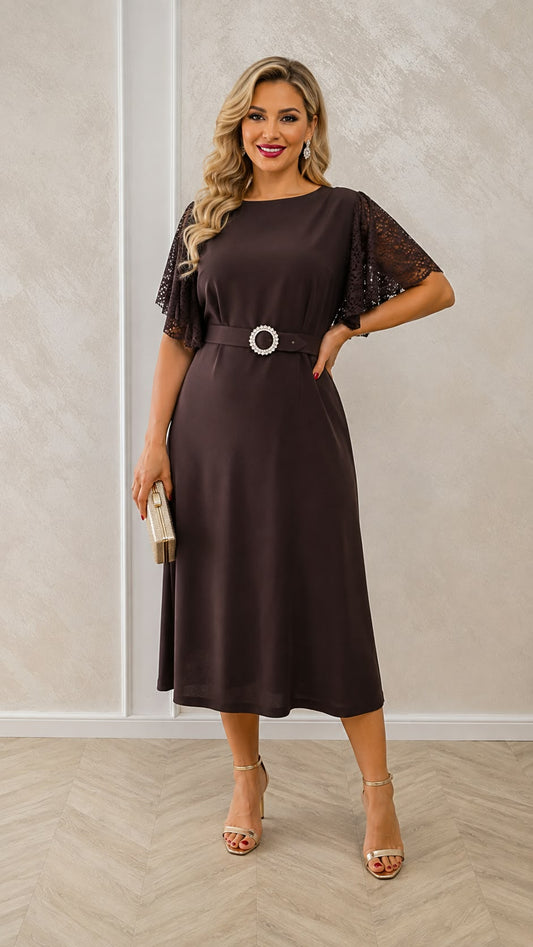 Rochia Marimar – rochie eleganta din stofa cu maneci din dantela disponibila in trei culori