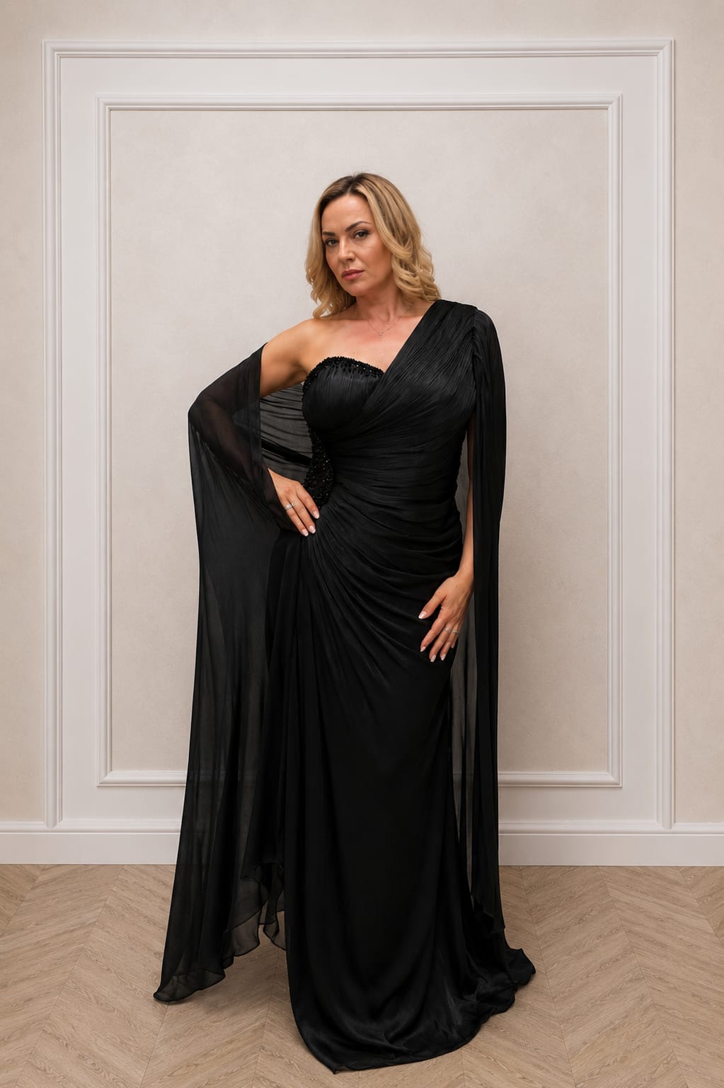 Rochia Desire – Rochie simpla dar eleganta  negru cu maneca tip esarfa din matase artificiala