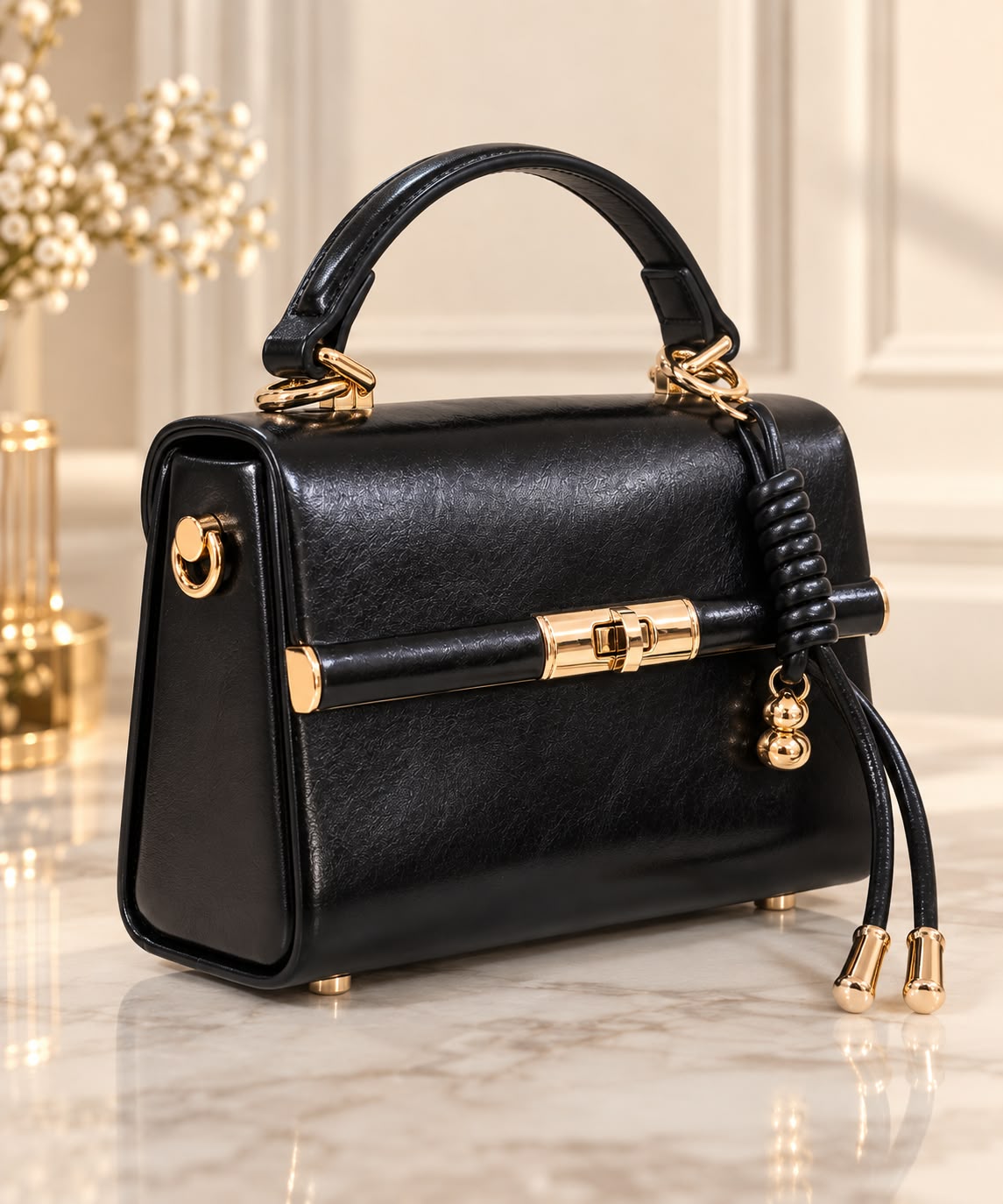 Geanta dama eleganta neagra cu accesorii aurii si maner