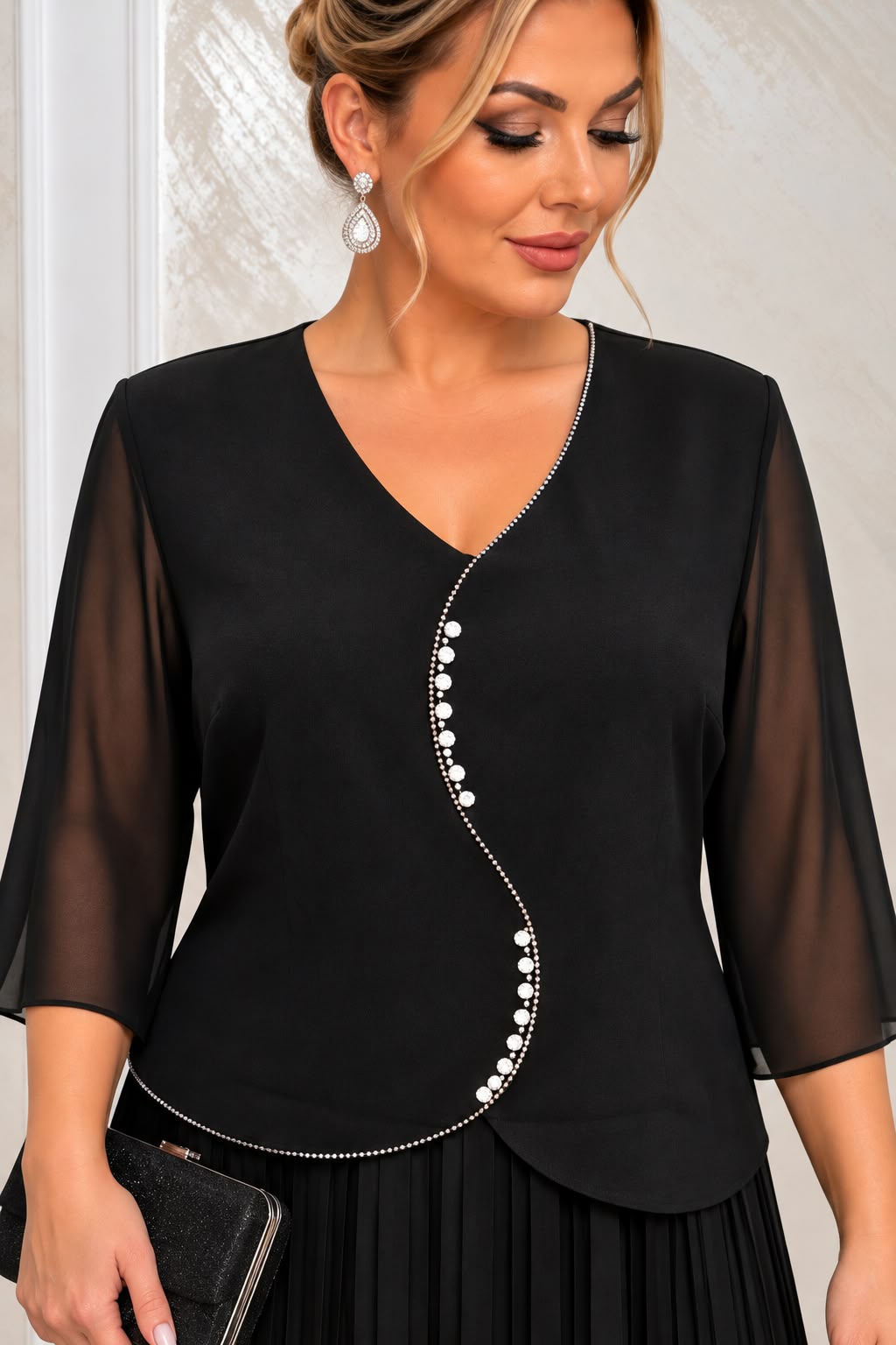 Rochie eleganta midi Vals din voal plisat cu maneci fluide