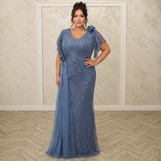 Rochia Cherry – Rochie lunga din dantela cu perle pentru marimi plus size cu maneci