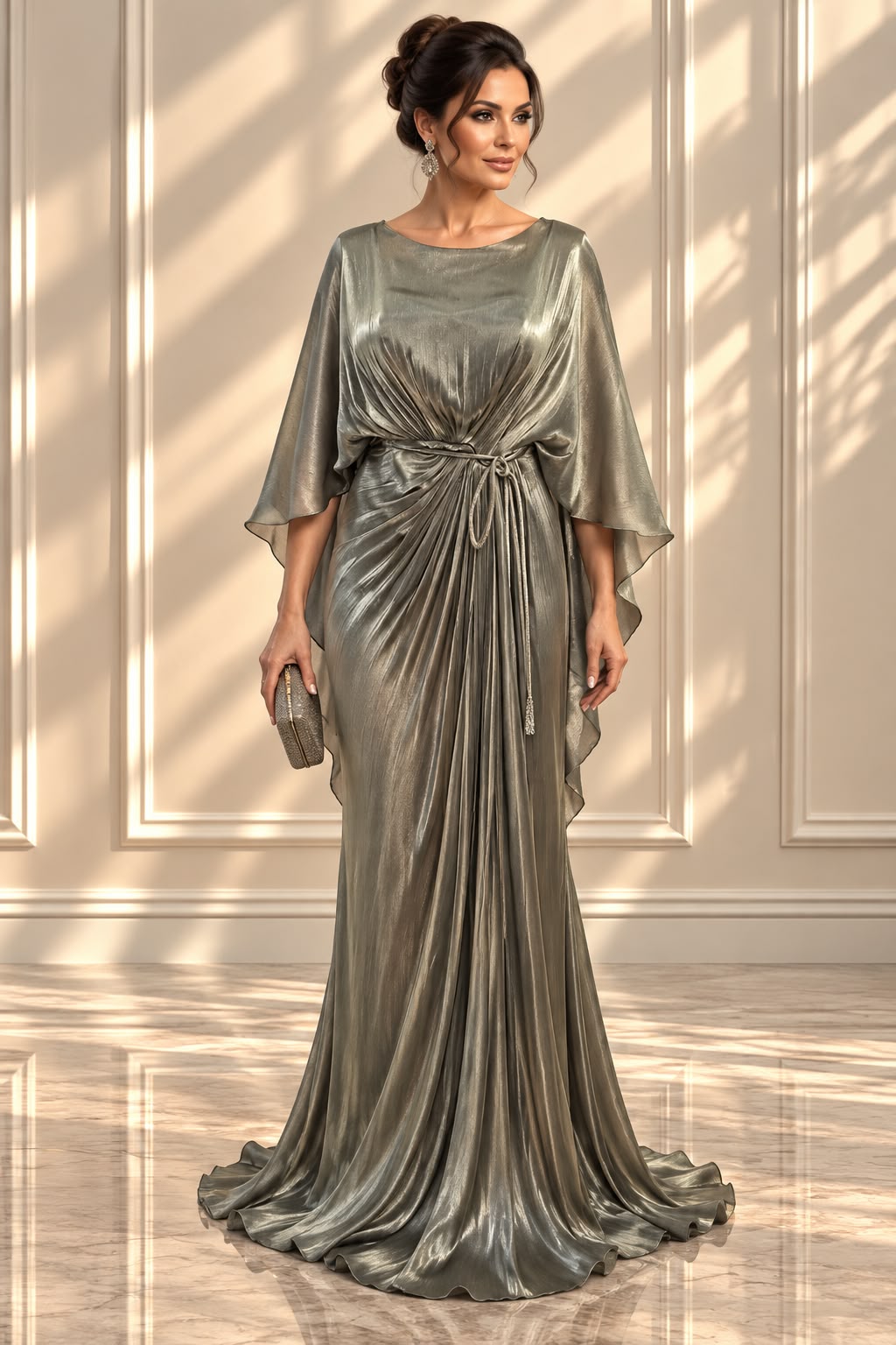 Rochia Luada- Rochie de gala Verde Oliv cu reflexii gold din Matase – Rochie Lunga Eleganta