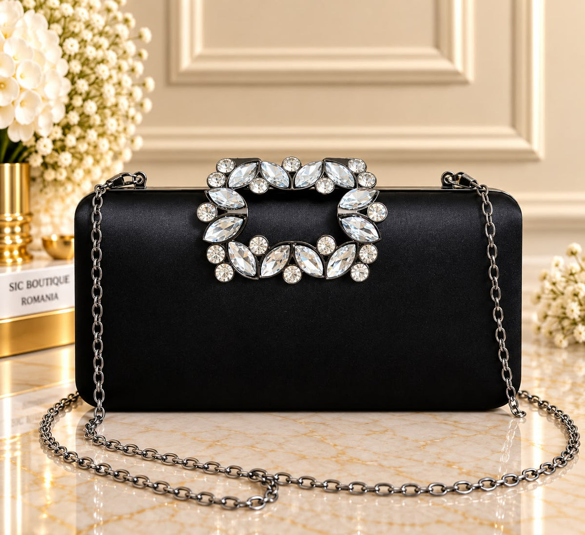 Geanta Clutch dama aspect satinat cod 1113 cu Cristale – Plic de Ocazie