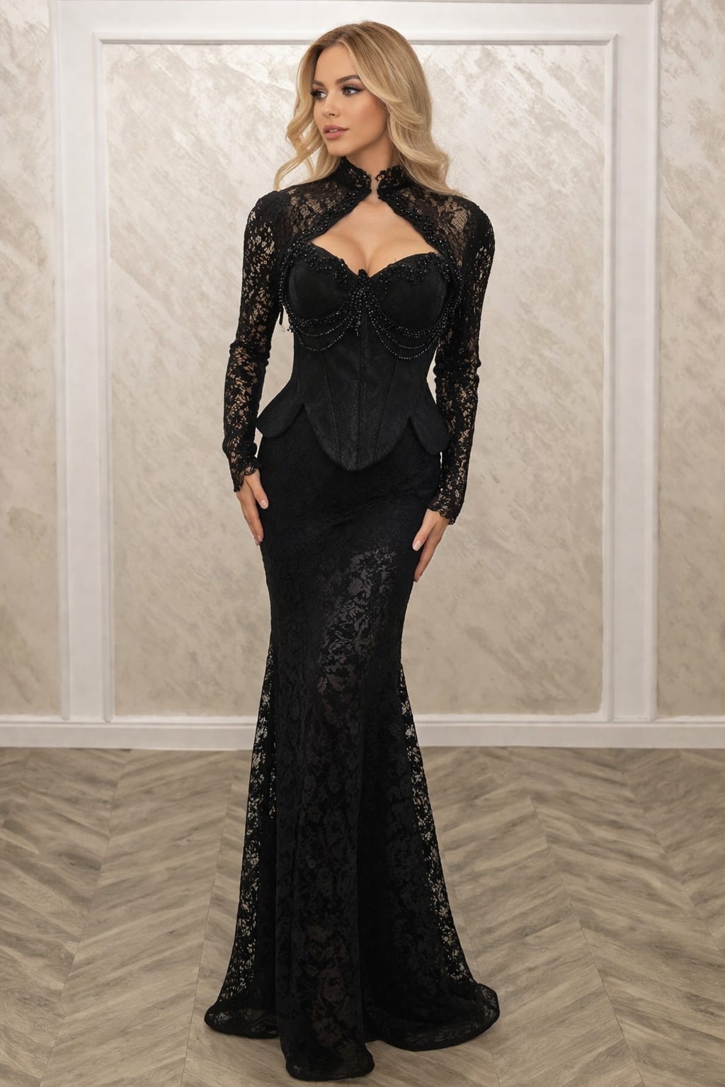 Rochia Tani – Rochie eleganta din dantela cu corset si bolero detasabil, croi sirena
