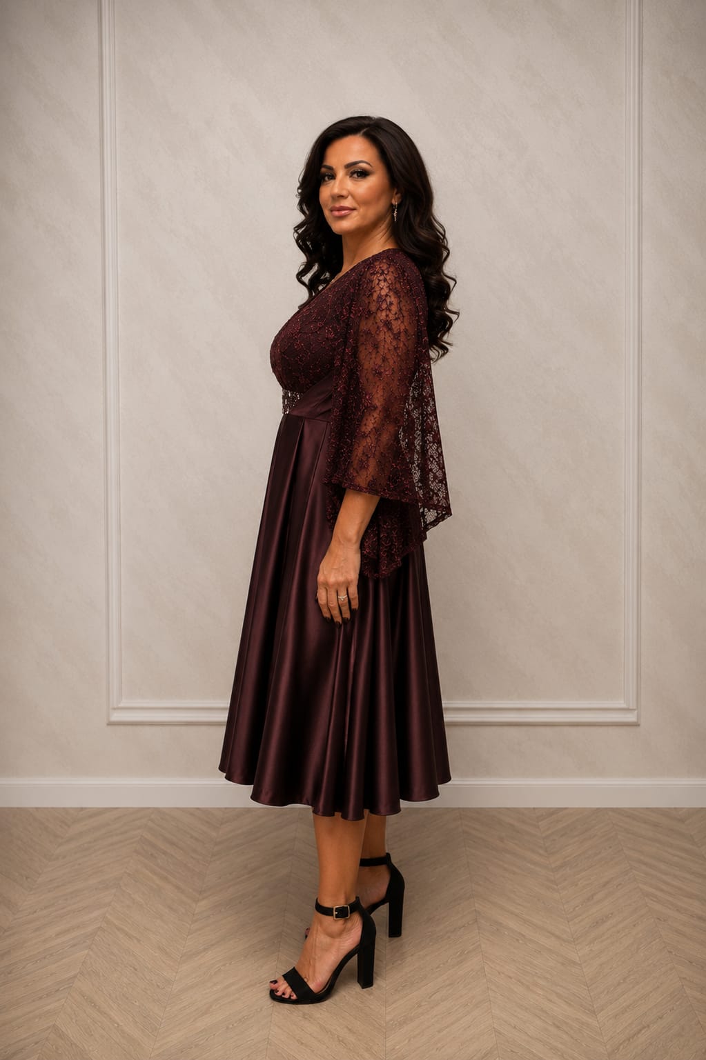 Rochia Male midi - Rochie lungime midi din satin si maneci din dantela