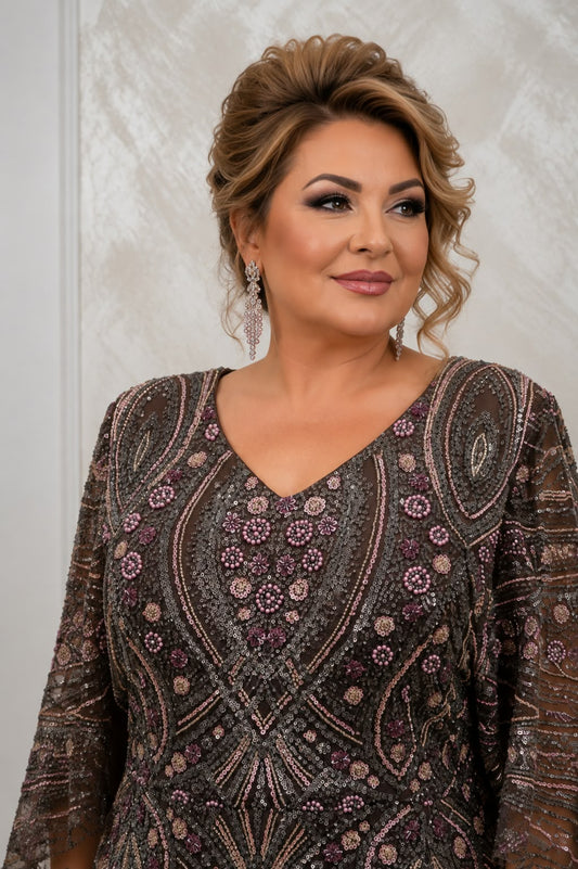 Rochia Georgiana - Rochie lunga eleganta plus size cu broderie si perle