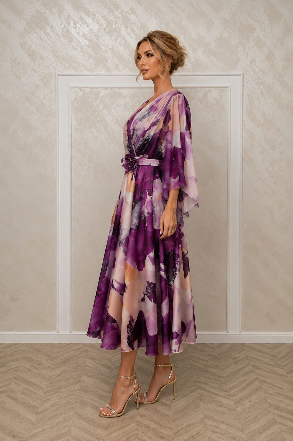 Rochie Diana – Rochie midi eleganta feminina din voal floral si satin pentru evenimente speciale